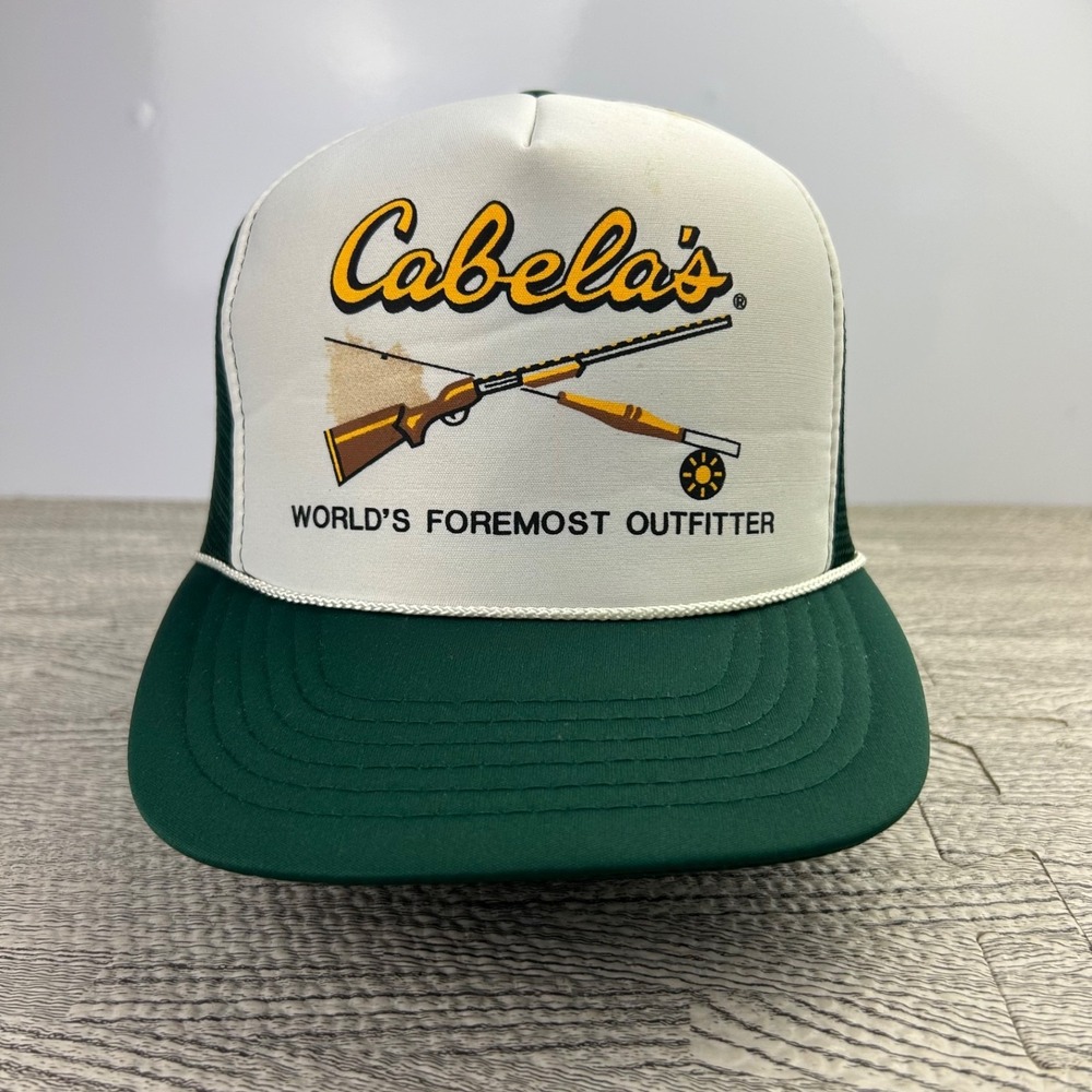 Vintage 90s Cabela's Trucker Hat Cap Snap Back Adjustable White Green Adult